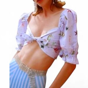 Hill House Isabella Size Small Purple Sea Puff Sleeve Terrycloth Cropped Top NWT